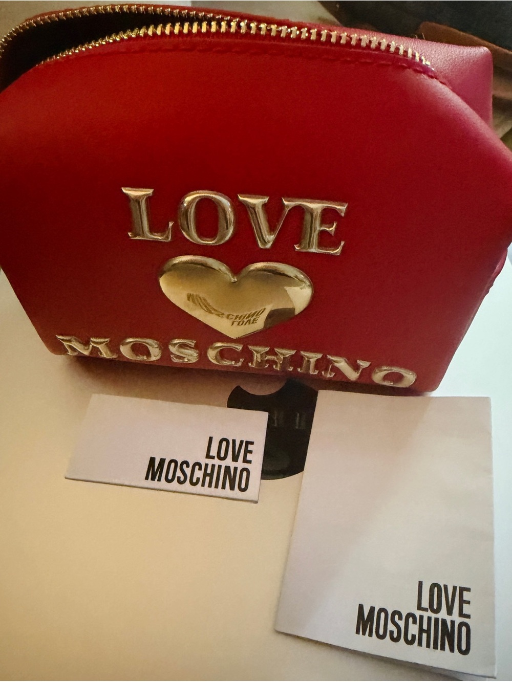 Moschino Red Cosmetic Pouch with Gold Heart and Logo - Picture 1 of 5
